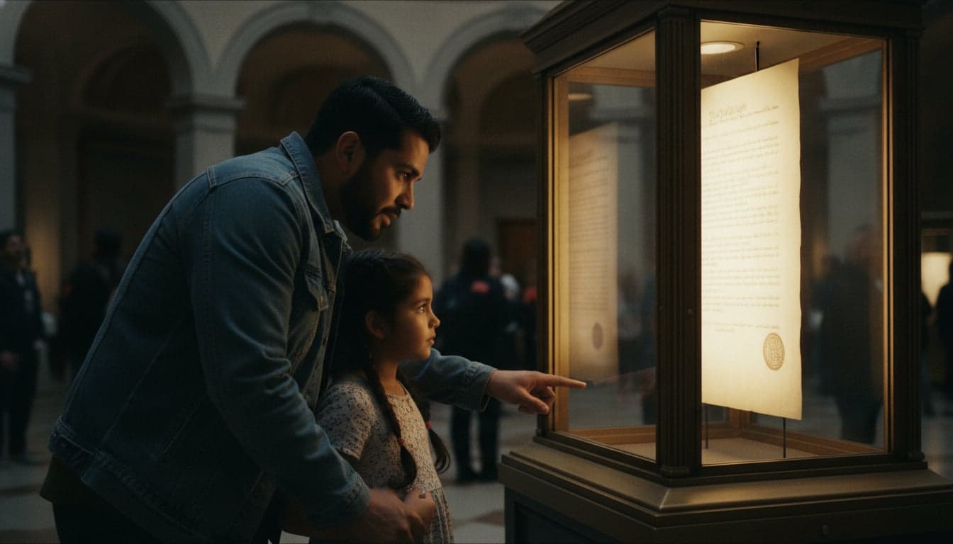 A father and daughter viewing founding documents in a museum gallery