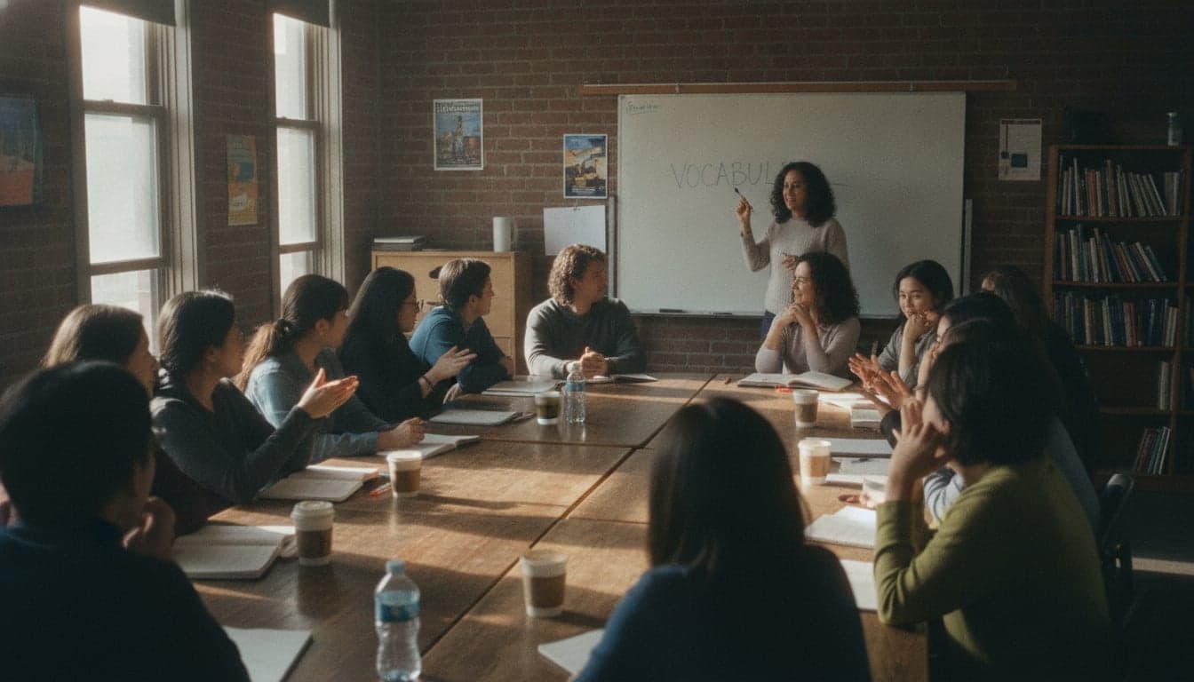 Adults of many backgrounds practicing English together in a community class