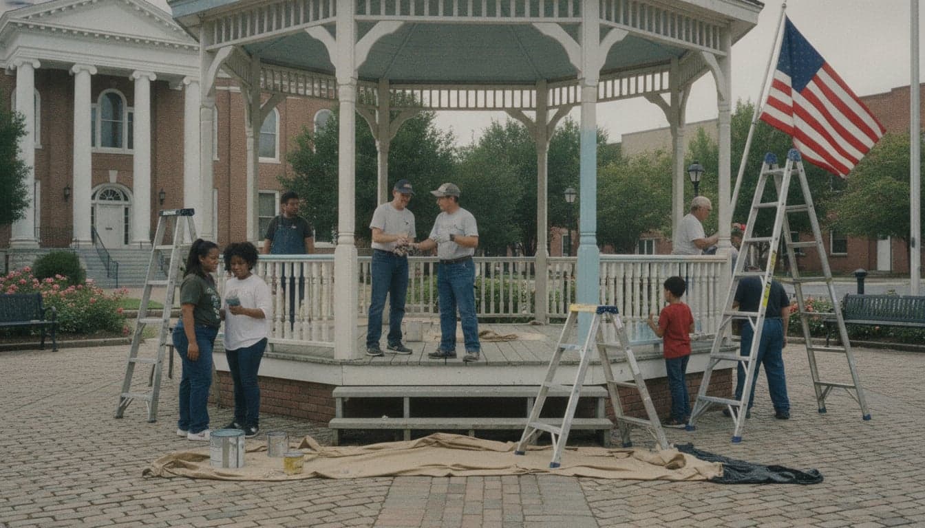 Volunteers restoring a gazebo on a small-town square