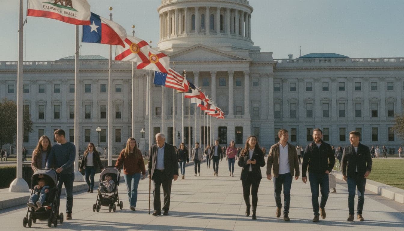 People walking beneath a row of state flags at a state capitol