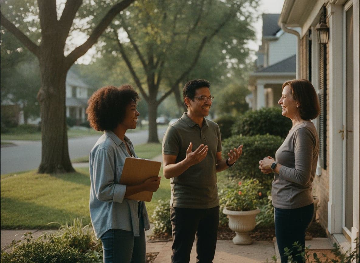 Campaign volunteers talking with a resident at her front door