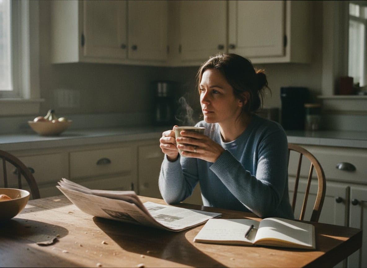 A reader thinking through the day's issue at her kitchen table