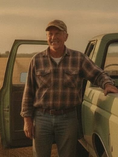 A farmer at the edge of a wheat field beside his pickup