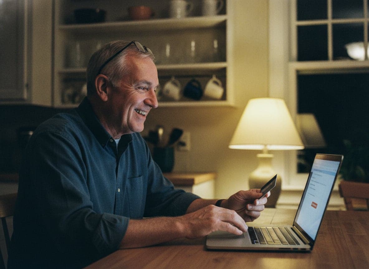 A supporter making a small online donation at his kitchen table