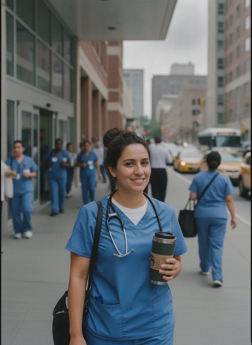 A nurse in scrubs outside a hospital at shift change