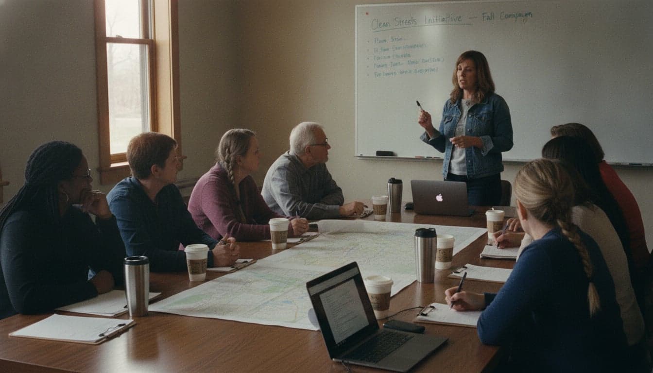 Volunteers planning a campaign around a table in a community hall