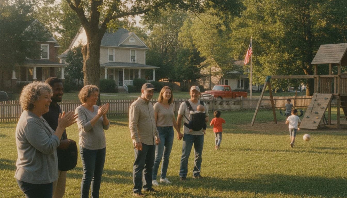 Families watching children play in a neighborhood park at golden hour