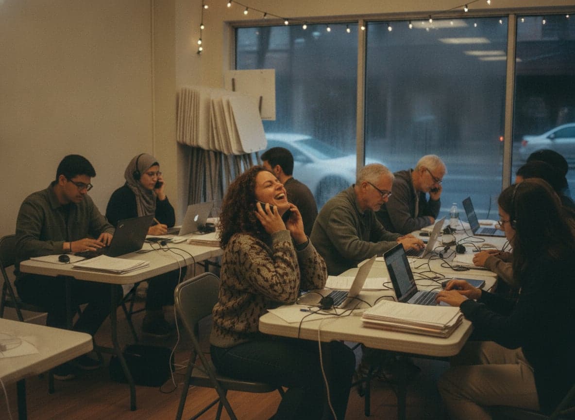 Volunteers phone banking in a storefront campaign office