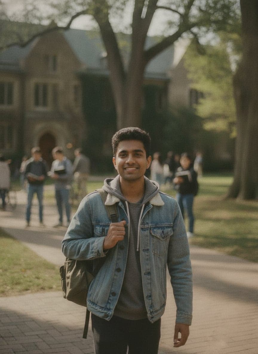 A college student with a backpack on a campus quad