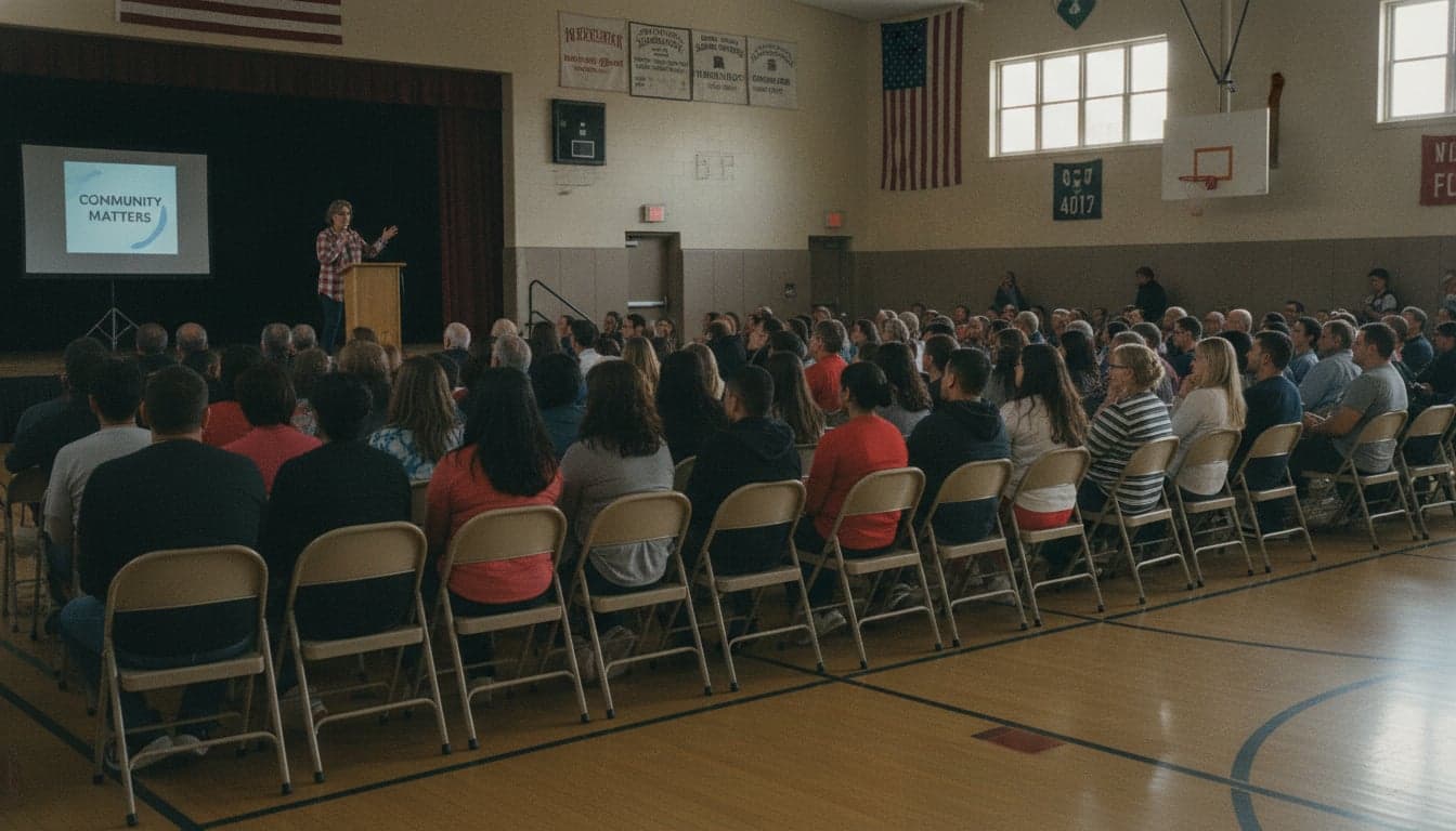 Residents of all ages at a town-hall meeting in a school gymnasium