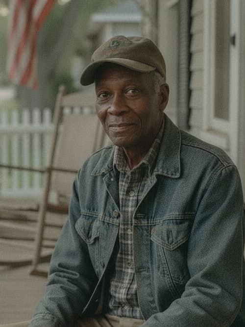 An older veteran in a ball cap on his front porch