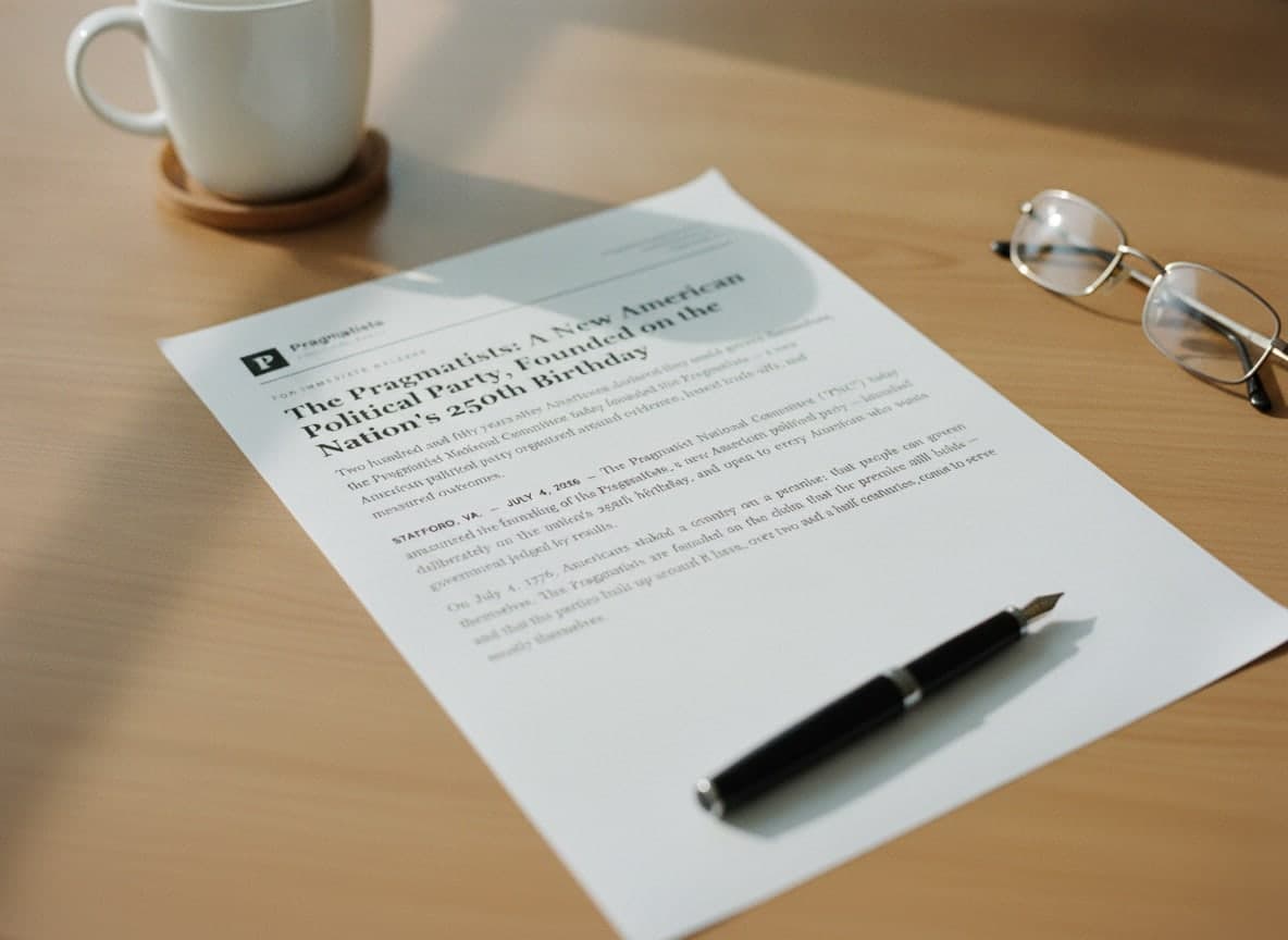 The Pragmatists launch press release printed and lying on a wooden desk beside reading glasses, a fountain pen, and a coffee mug